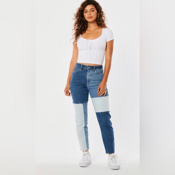 Hollister ULTRA HIGH-RISE PATCHWORK medium wash MOM JEANS size 00R W23/L27 new - Picture 1 of 6